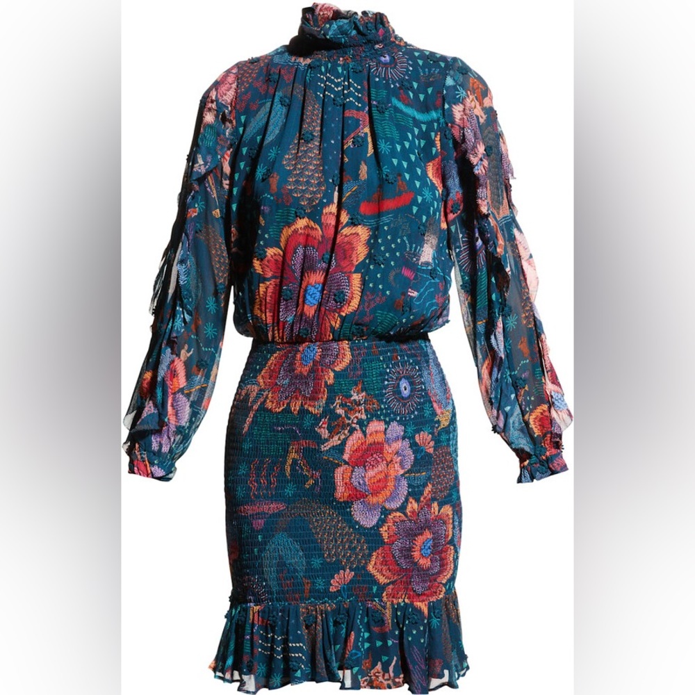 FARM Rio River Creatures Ruffle-Sleeve Smocked Mini Dress. 🧿